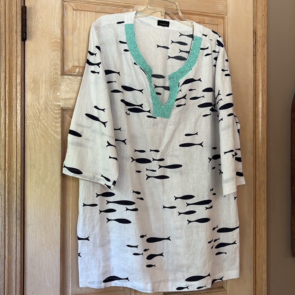 Talbots White Linen Tunic With Fish Pattern And A… - image 2